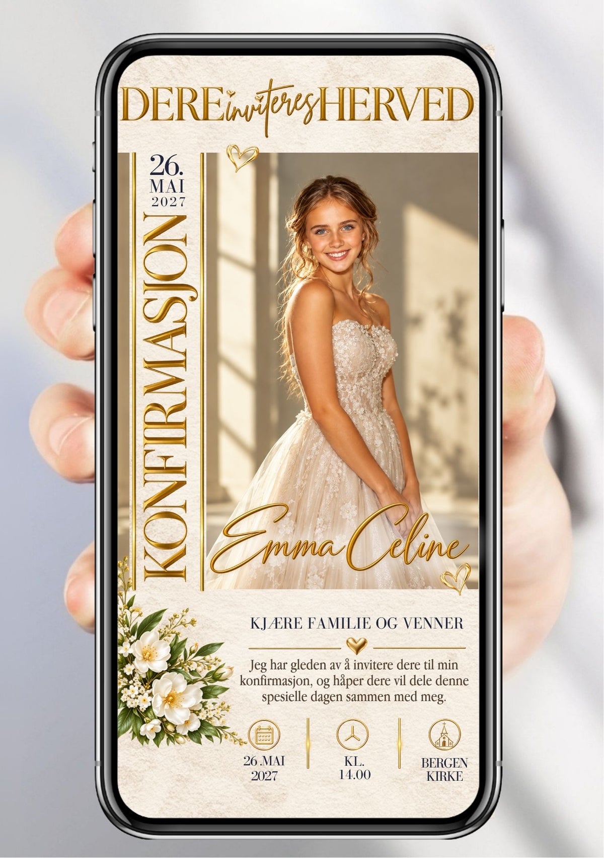Digital konfirmasjonsinvitasjon på mobil med vertikal gullskrift, portrett og blomsterdekor. 
