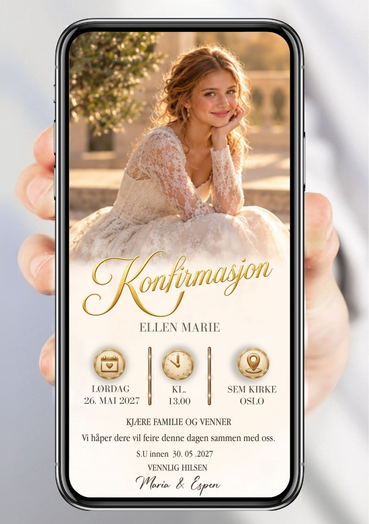 Digital konfirmasjonsinvitasjon på mobil med portrett i varmt kveldslys og gullskrift. ⠋
