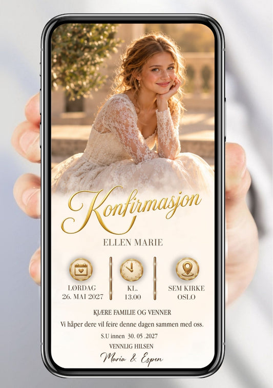 Digital konfirmasjonsinvitasjon på mobil med portrett i varmt kveldslys og gullskrift. ⠋
