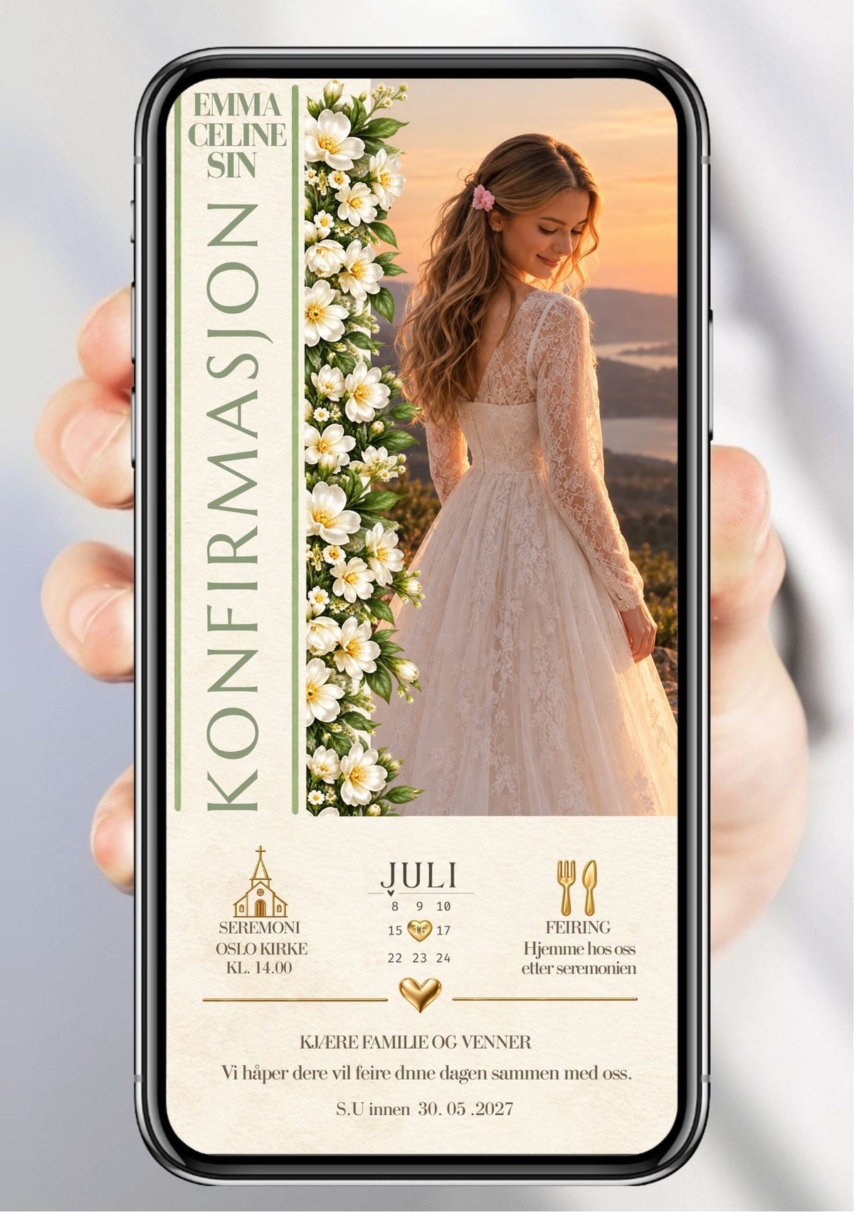 Digital konfirmasjonsinvitasjon på mobil med portrett, hvit blomsterkant og varme kveldsfarger. 