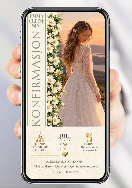 Digital konfirmasjonsinvitasjon på mobil med portrett, hvit blomsterkant og varme kveldsfarger. 