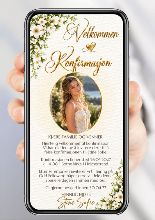 Digital konfirmasjonsinvitasjon på mobil med portrett i oval ramme, gullskrift og hvite blomster. 