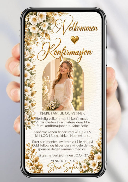 Digital konfirmasjonsinvitasjon på mobil med portrett i bueform, hvite blomster og gullskrift. ⠋