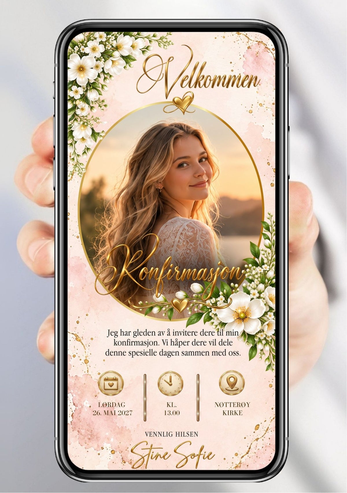 Digital konfirmasjonsinvitasjon på mobil med portrett i oval ramme, rosa blomster og gullskrift. 