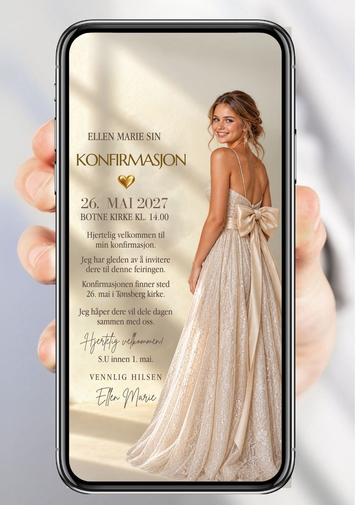Digital konfirmasjonsinvitasjon på mobil med portrett, lys elfenbensbakgrunn og enkel tekstlayout. 