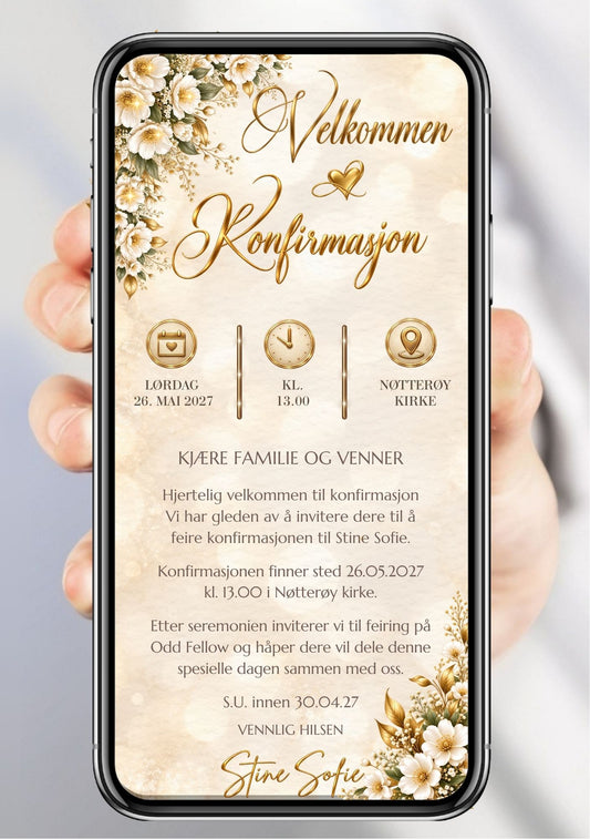 Digital konfirmasjonsinvitasjon på mobil med gullskrift, hvite blomster og tre informasjonsfelt for dato, klokkeslett og sted. ⠋