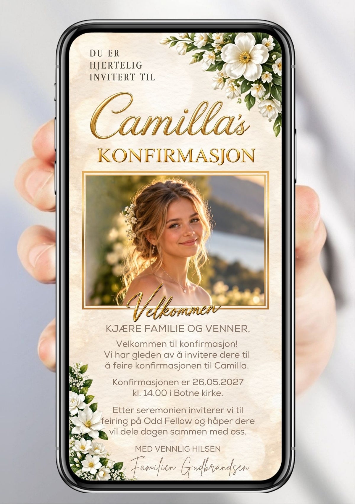 Digital konfirmasjonsinvitasjon på mobil med portrett i gullramme og hvite blomster. 