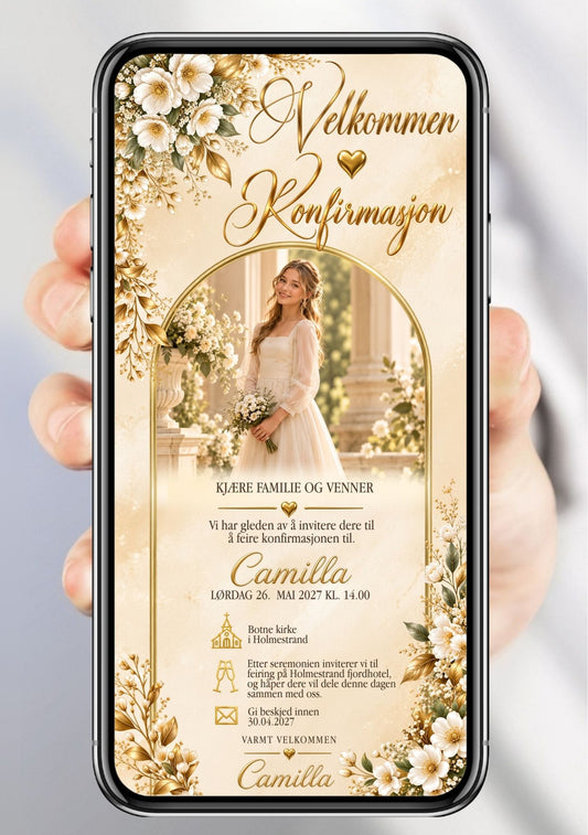 Digital konfirmasjonsinvitasjon på mobil med portrett i gullbue, hvite blomster og bladverk langs kantene. 