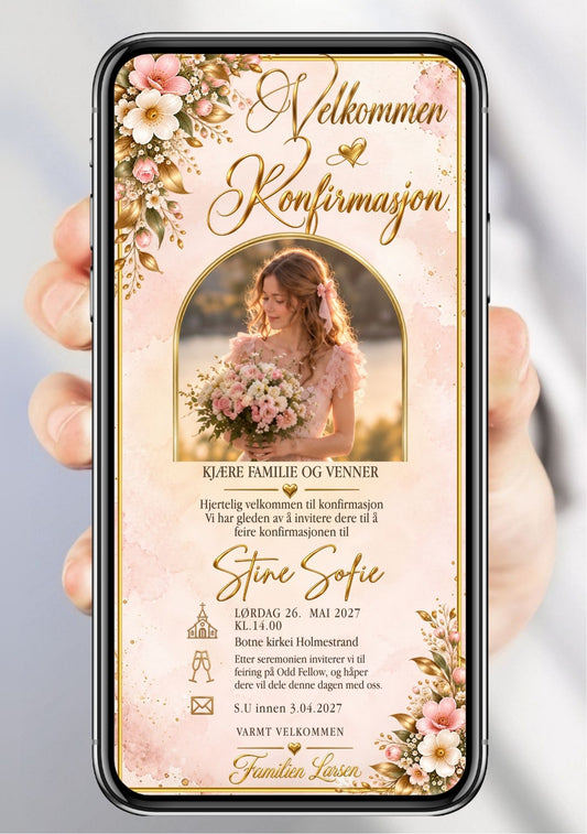 Digital konfirmasjonsinvitasjon på mobil med portrett, rosa blomster og gullskrift. 