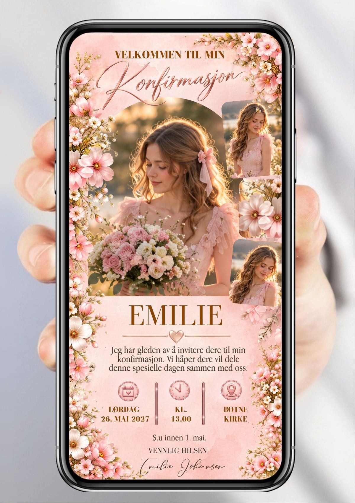 Digital konfirmasjonsinvitasjon på mobil med portrettcollage, rosa blomster og dus rosa bakgrunn.