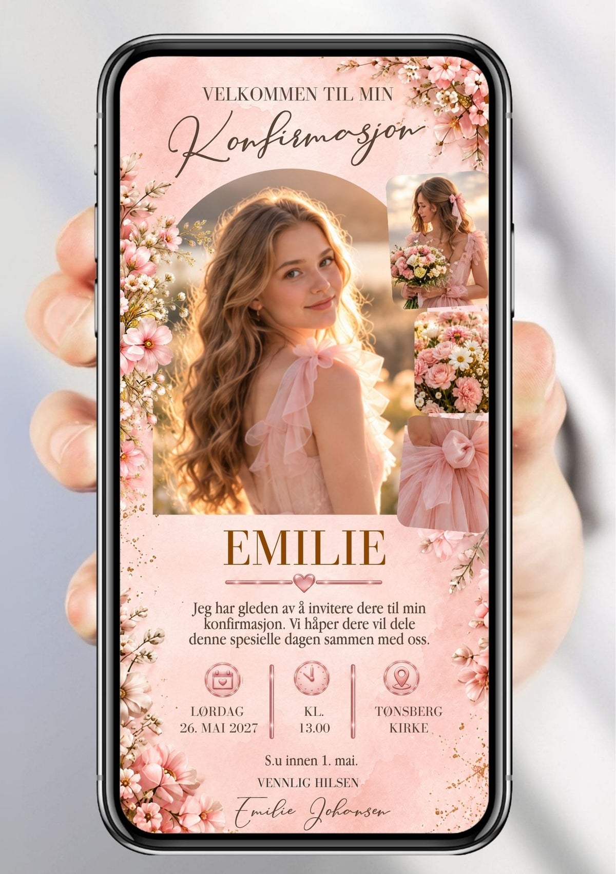 Digital konfirmasjonsinvitasjon på mobil med portrett, rosa blomster og gulldetaljer. 