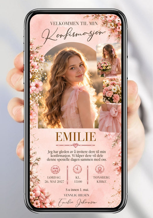 Digital konfirmasjonsinvitasjon vist på mobil med to portrettbilder, et bukettbilde, rosa blomsterdekor og gulldetaljer på dus rosa bakgrunn.
