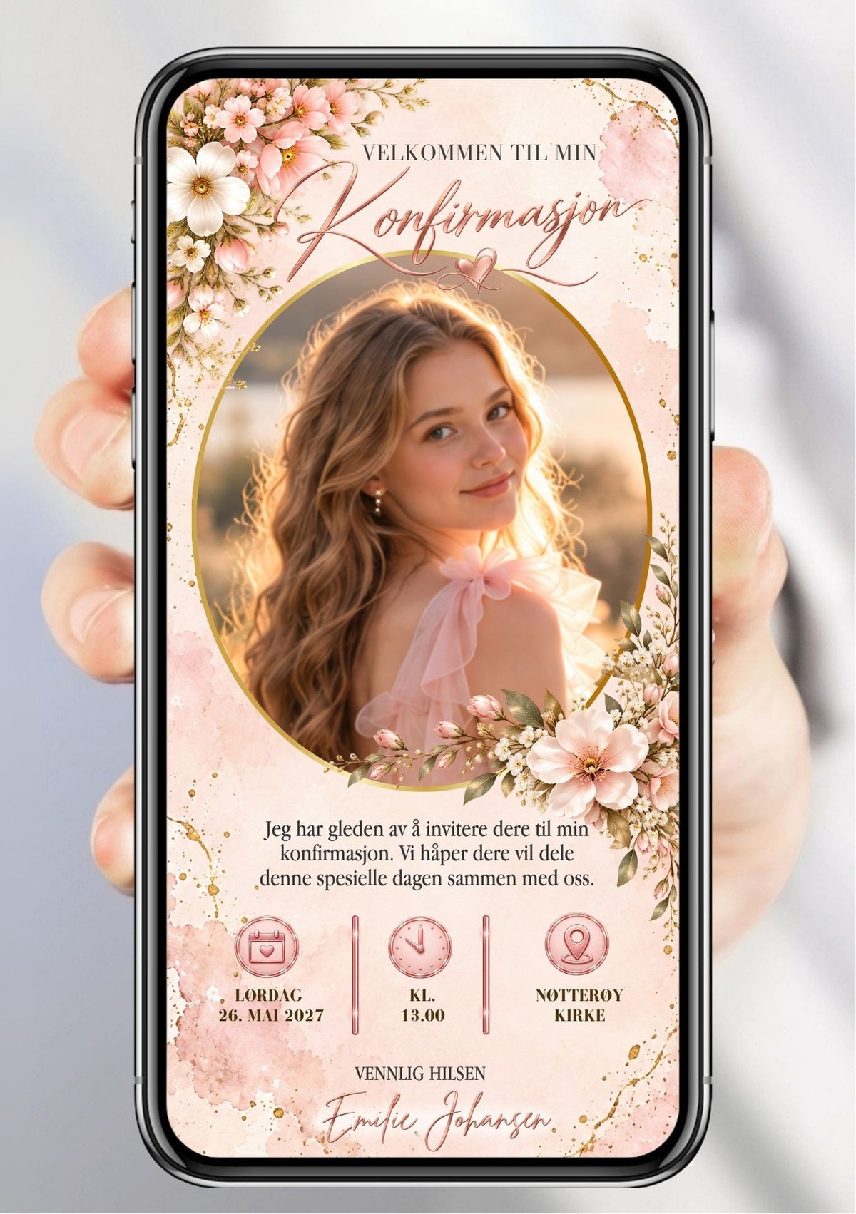Digital konfirmasjonsinvitasjon vist på mobil med portrettcollage, rosa blomster og varme soltoner. 
