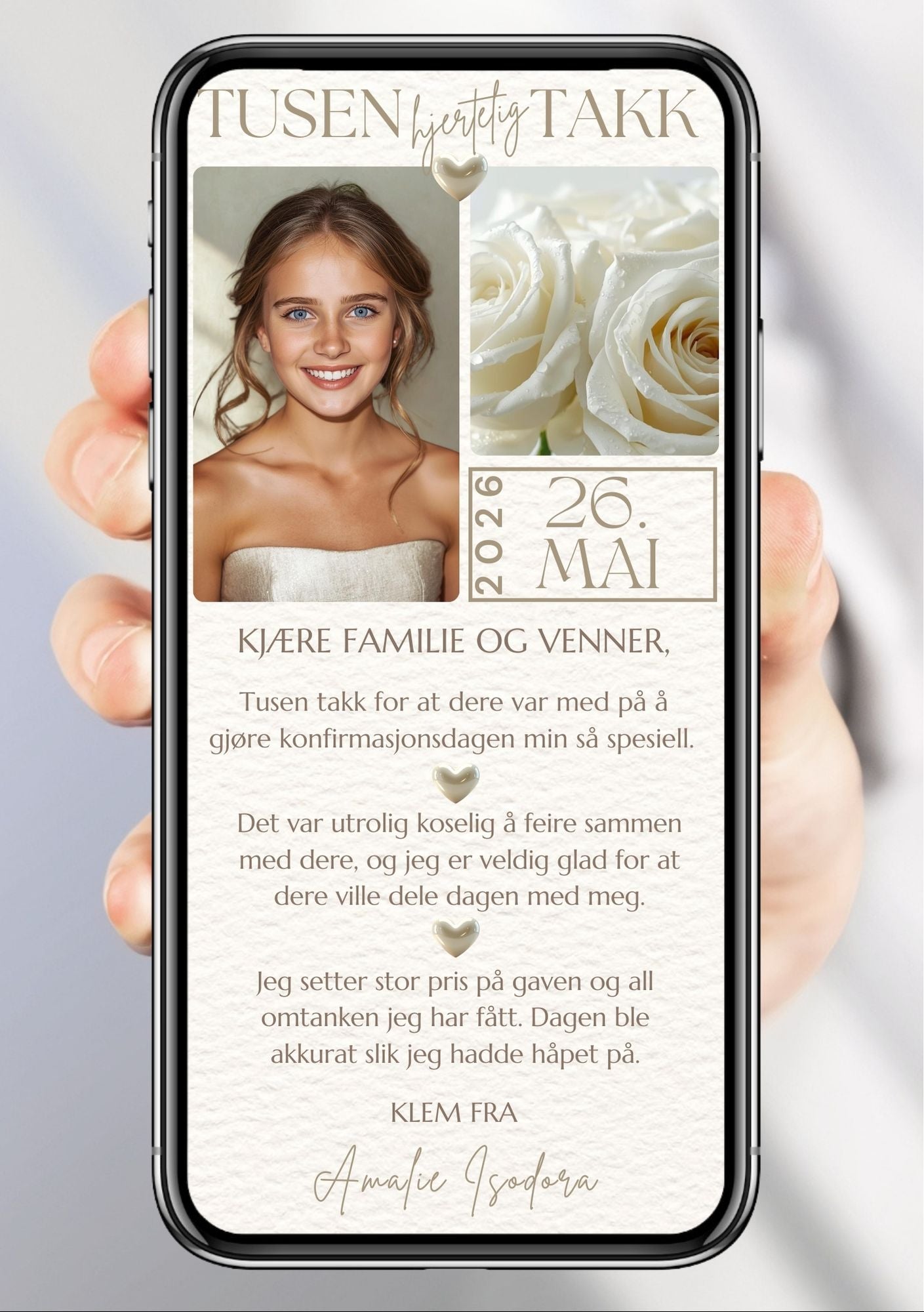 Takkekort konfirmasjon med bilde og hvite hjerter - elegant takkekort fra KISS DEKOR