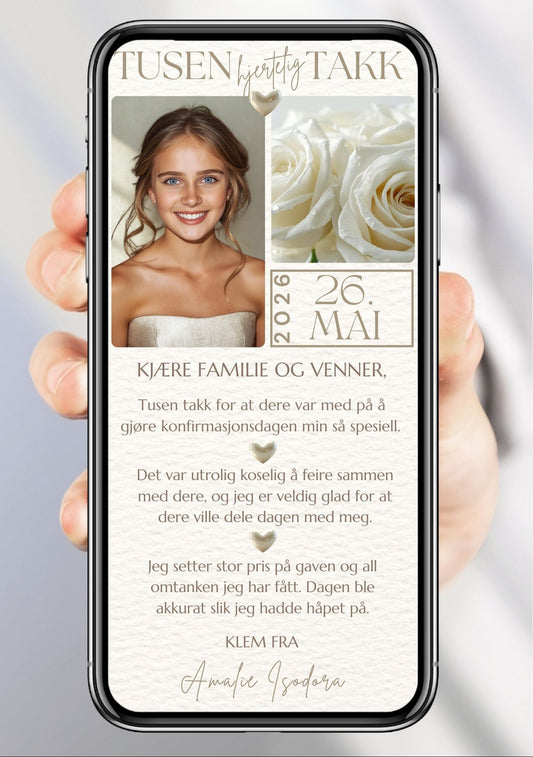 Takkekort konfirmasjon med bilde og hvite hjerter - elegant takkekort fra KISS DEKOR