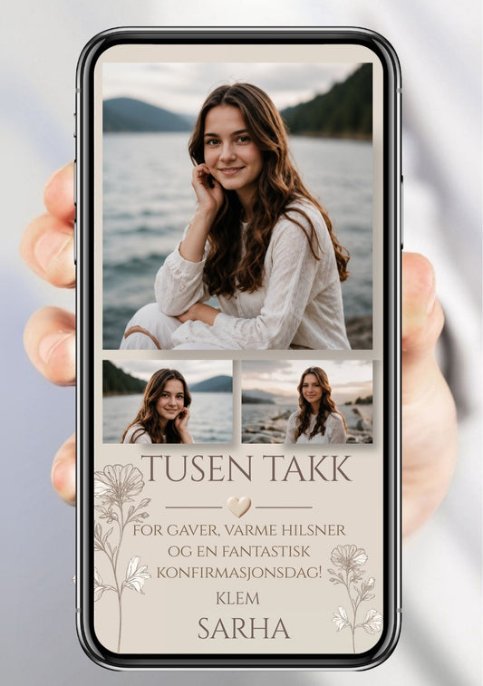Digitalt takkekort til konfirmasjon i beige med stort portrettbilde, to mindre bilder, blomsterdetaljer og takketekst, vist på mobilskjerm