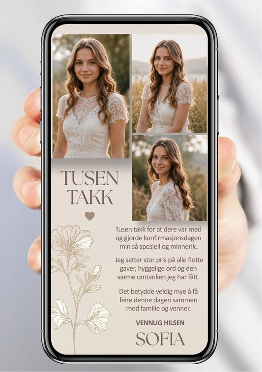 Digitalt takkekort til konfirmasjon i beige med tre bilder i grid, stor blomsterdetalj og personlig takketekst, vist på mobilskjerm