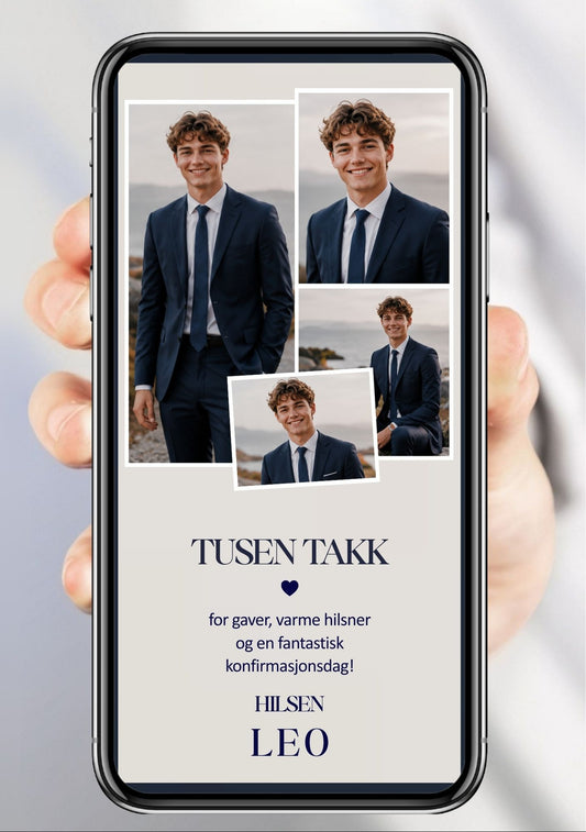 Digitalt takkekort til konfirmasjon i navy og beige med fire polaroidbilder i collage og takketekst, vist på mobilskjerm