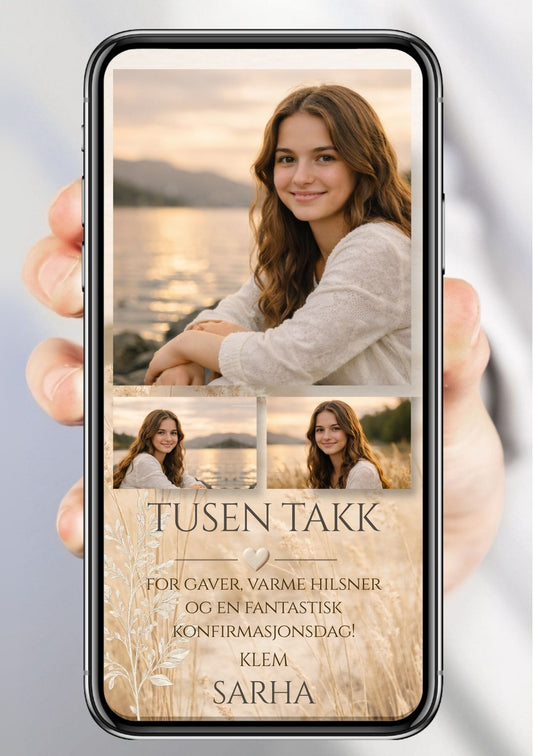 Digitalt takkekort til konfirmasjon i varm beige med stort portrettbilde, to mindre bilder, gressdetalj og takketekst, vist på mobilskjerm