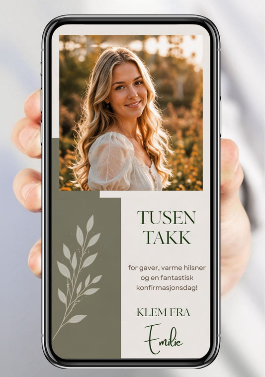 Digitalt takkekort til konfirmasjon i olivengrønn og beige med stort portrettbilde, bladdetalj og håndskrift-signatur, vist på mobilskjerm