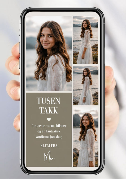 Digitalt takkekort til konfirmasjon i olivenbrun og beige med stort bilde, tre mindre bilder og håndskrift-signatur, vist på mobilskjerm