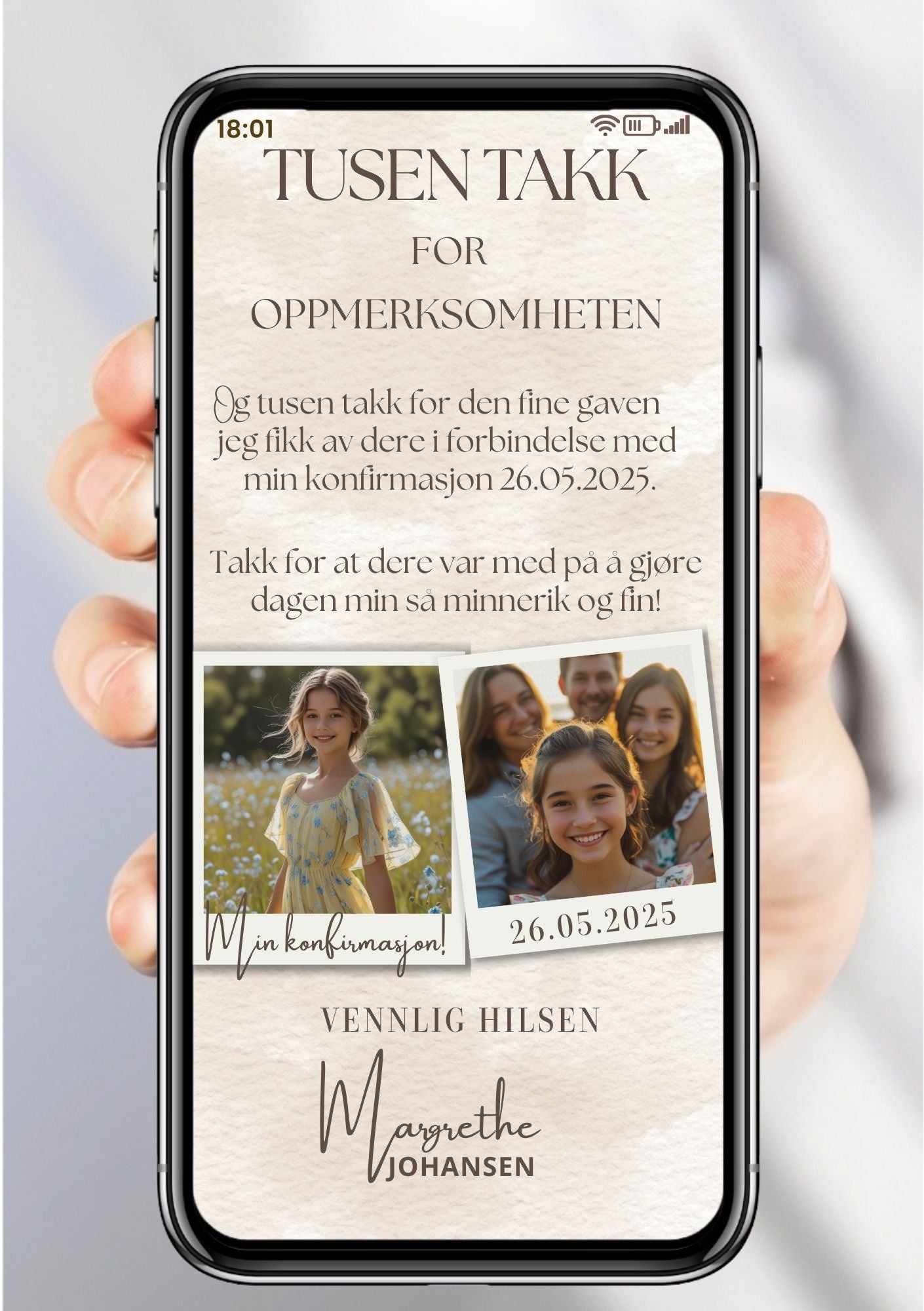 Takkekort konfirmasjon beige collage elegant - personlig design med ferdig tekstforslag