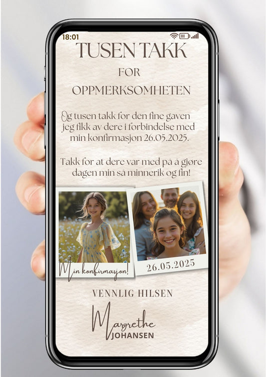 Takkekort konfirmasjon beige collage elegant - personlig design med ferdig tekstforslag