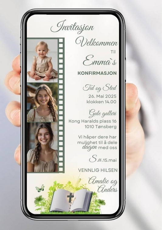 Konfirmasjonsinvitasjon elegant collage bakside - personlig design med ferdig tekstforslag - KISS DEKOR