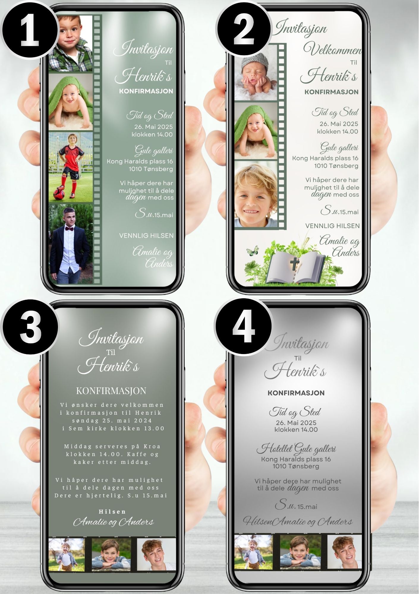 KONFIRMASJONSINVITASJON – GRØNN MED BILDER