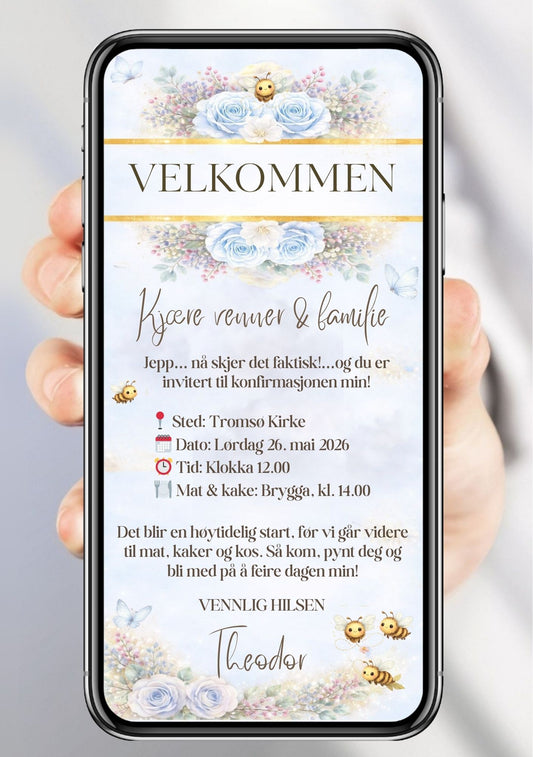 Mobil konfirmasjonsinvitasjon med lyseblå roser, søte bier, gullstriper og elegant kalligrafiskrift – vist på mobilskjerm