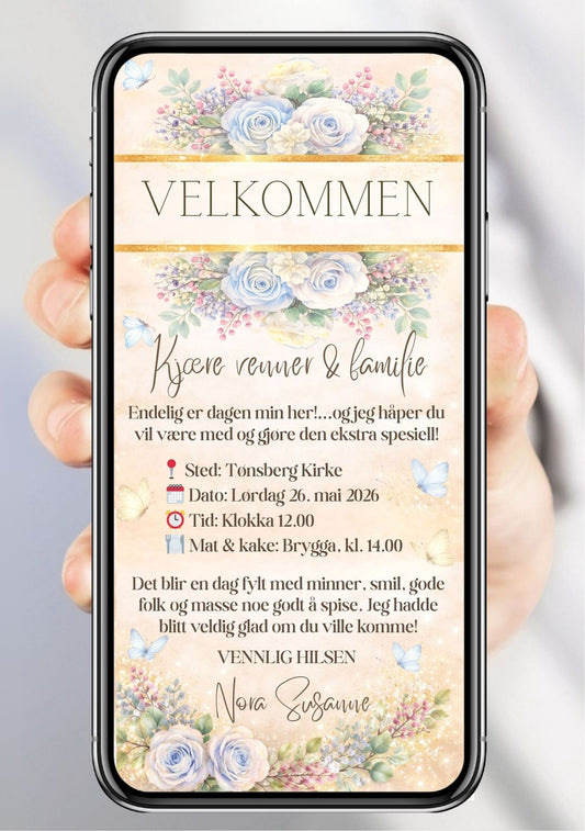 Mobil konfirmasjonsinvitasjon med lyseblå roser, sommerfugler, gullstripe og morsom personlig tekst – vist på mobilskjerm