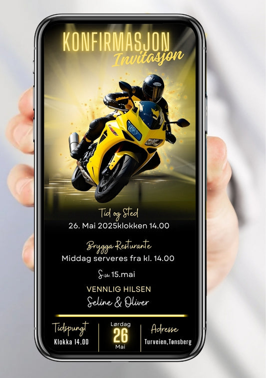 Digital konfirmasjonsinvitasjon med gul motorsykkel, rytter og gulldetaljer på sort bakgrunn