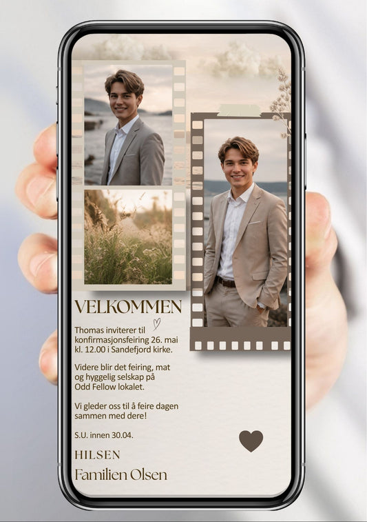 Digital invitasjon til konfirmasjon i beige med filmstripe-collage, tre bilder, dato og velkomsttekst, vist på mobilskjerm