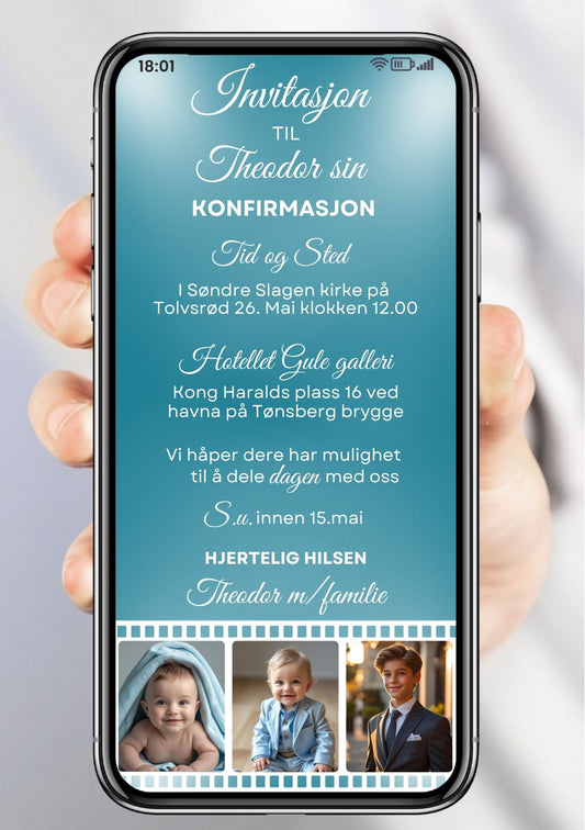 Mobil konfirmasjonsinvitasjon gutt med filmstripe, tre bilder og håndskrevet navn på turkis bakgrunn, vertikal layout