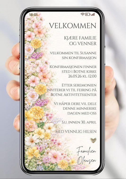Mobil konfirmasjonsinvitasjon med fargerike blomster i rosa, gult og lilla langs venstre side og klassisk invitasjonstekst på lys bakgrunn – vist på mobilskjerm