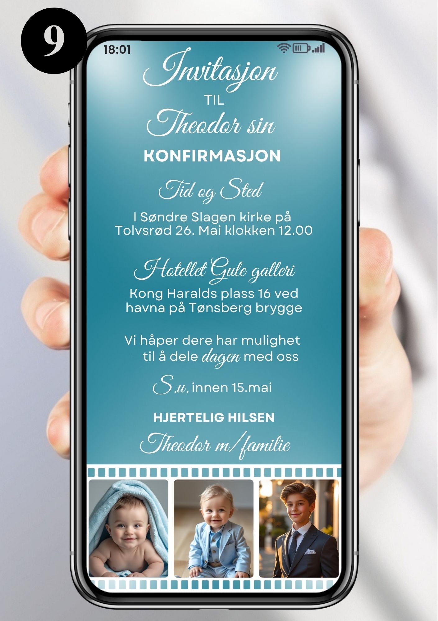 Mobil konfirmasjonsinvitasjon gutt med filmstripe, tre bilder og håndskrevet navn på turkis bakgrunn, vertikal layout