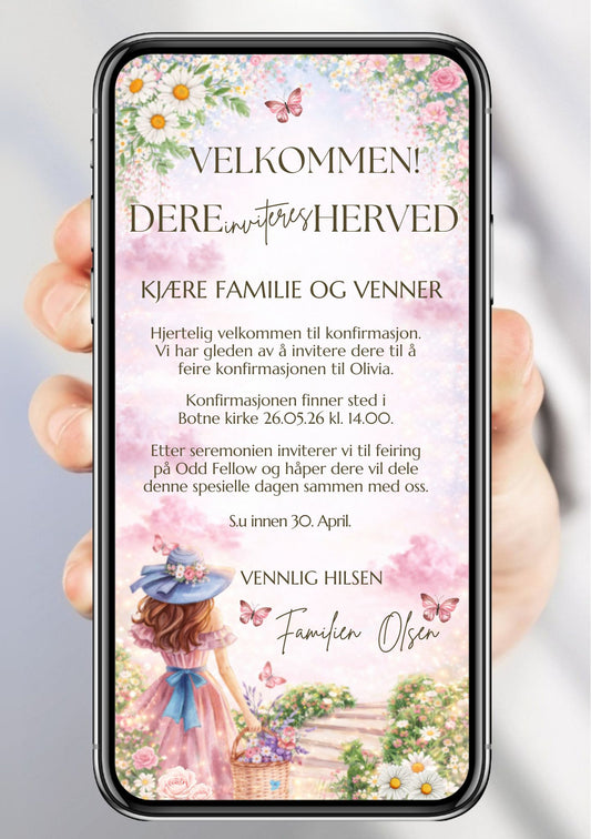 Konfirmasjonsinvitasjon minimalistisk rosa - personlig design og tekstforslag