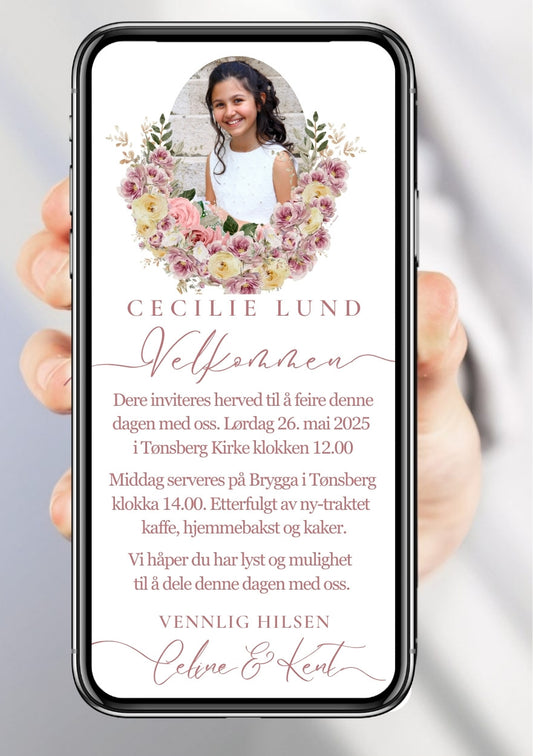 Digital konfirmasjonsinvitasjon med hvit bakgrunn, blomsterkrans og rundt bilde av konfirmanten