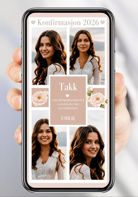 Digitalt takkekort til konfirmasjon i dusty rose med fire bilder i grid, pioner og personlig takketekst, vist på mobilskjerm