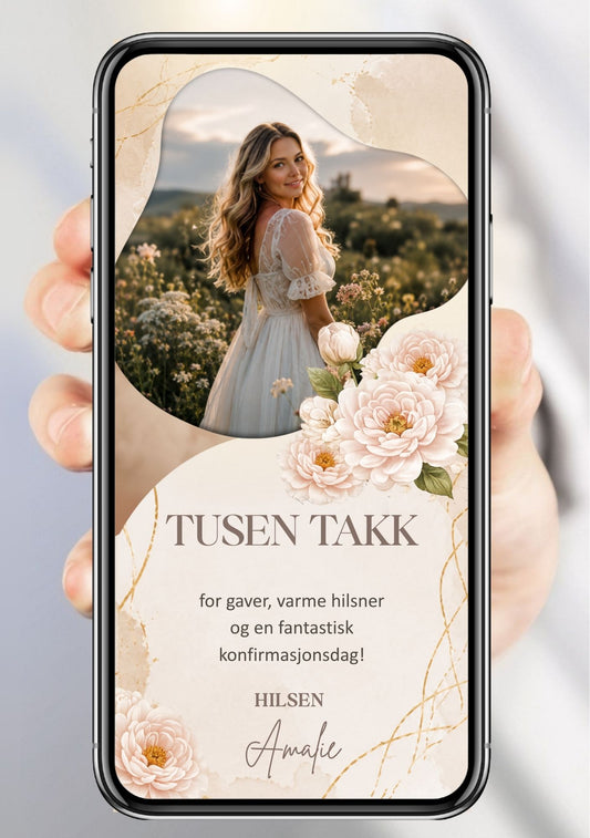 Digitalt takkekort til konfirmasjon i beige med bølget bilde, hvite blomster og marmordetaljer, vist på mobilskjerm