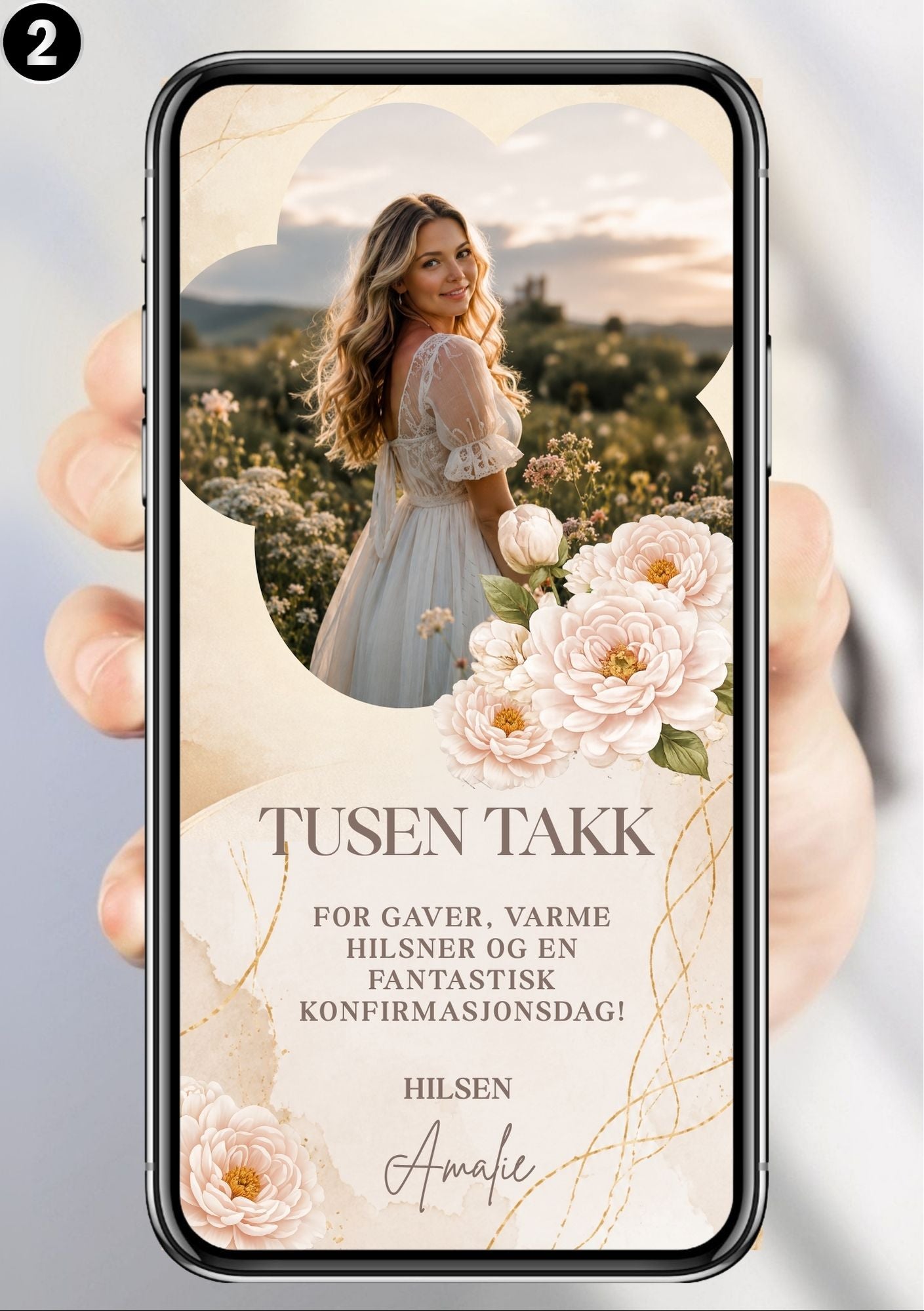 Digitalt takkekort til konfirmasjon i krem med stort bilde, hvite pioner og marmordetaljer, vist på mobilskjerm