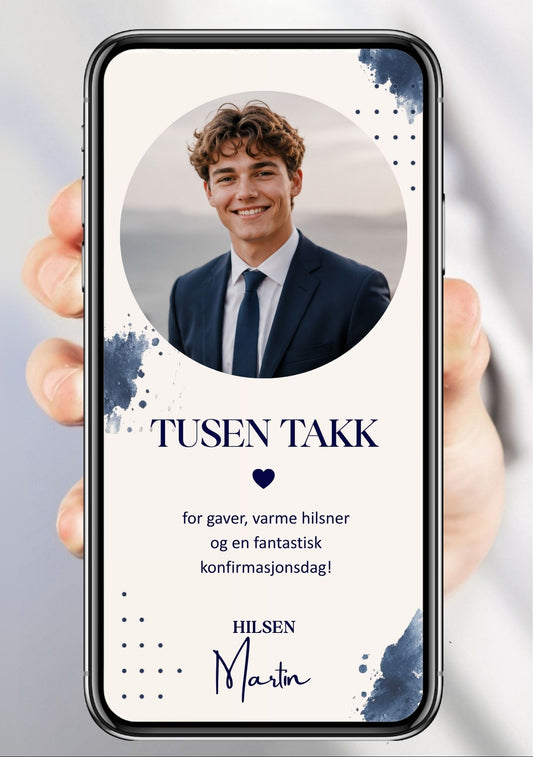 Digitalt takkekort til konfirmasjon i hvit og navy med rundt portrettbilde, blå penselstrøk, prikkdetaljer og takketekst, vist på mobilskjerm