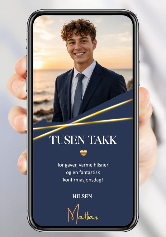 Digitalt takkekort til konfirmasjon i navy og gull med stort bilde, gullstriper og håndskrift-signatur, vist på mobilskjerm