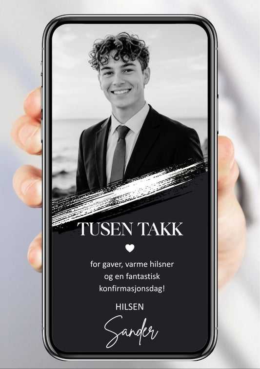 Digitalt takkekort til konfirmasjon i sort og hvitt med stort bilde, hvitt penselstrøk og håndskrift-signatur, vist på mobilskjerm