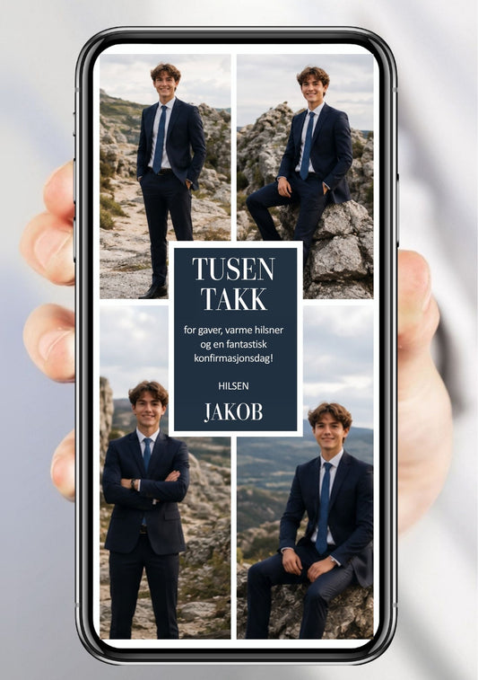 Digitalt takkekort til konfirmasjon i navy med tre bilder i grid, klassisk serif-font og takketekst, vist på mobilskjerm