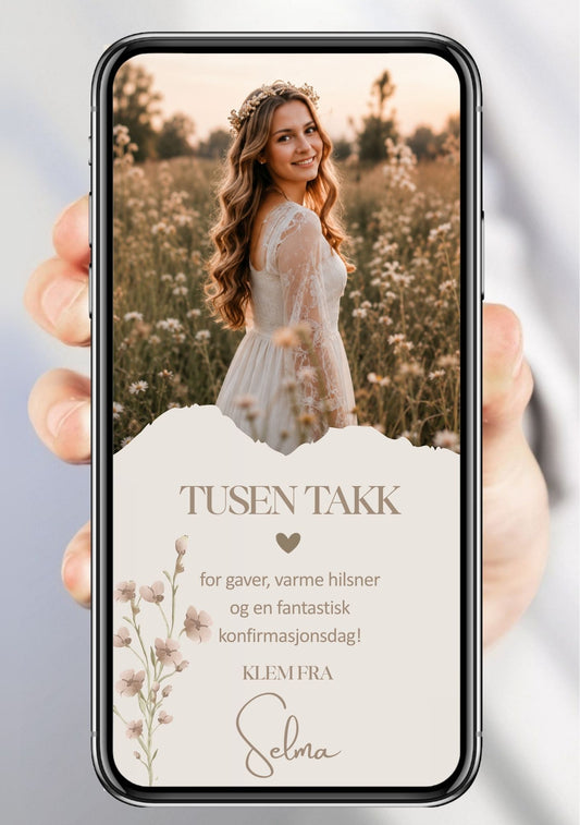 Digitalt takkekort til konfirmasjon i beige med stort bilde, bølget overgang, tørkede blomster og håndskrift-signatur, vist på mobilskjerm