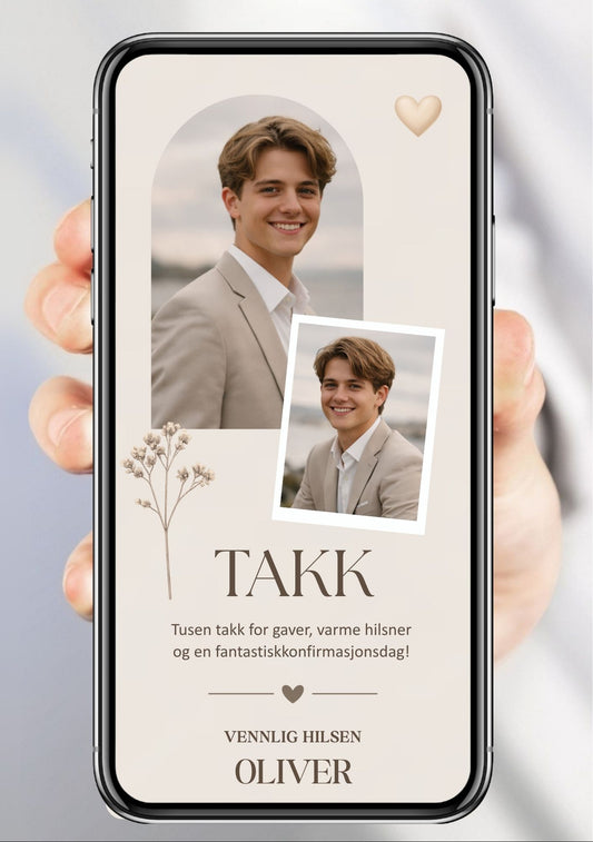 Digitalt takkekort til konfirmasjon i beige med bueformet portrettbilde, polaroidfoto, blomsterdetalj og takketekst, vist på mobilskjerm