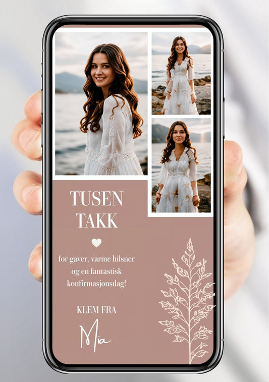 Digitalt takkekort til konfirmasjon i dusty rose med tre bilder i grid, botanisk detalj og håndskrift-signatur, vist på mobilskjerm