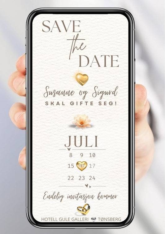 Save the Date gullhjerte personlig - personlig og elegant. Ferdig tekstforslag - KISS DEKOR