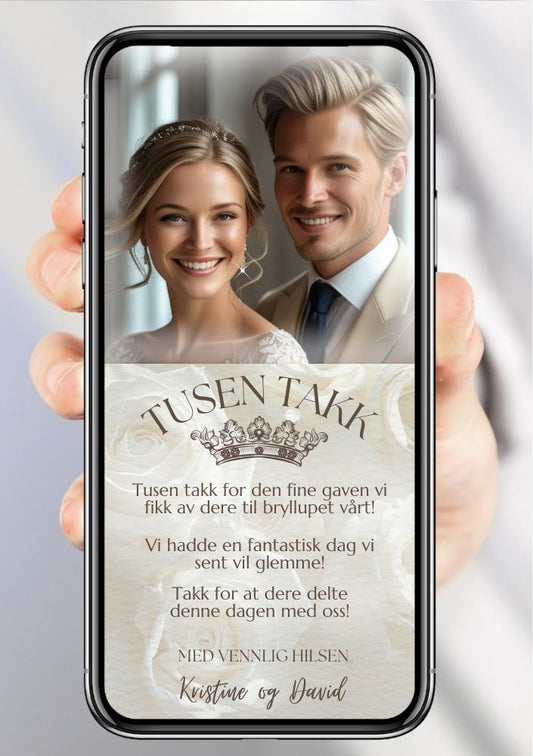 Takkekort bryllup beige elegant - personlig design med ferdig tekstforslag